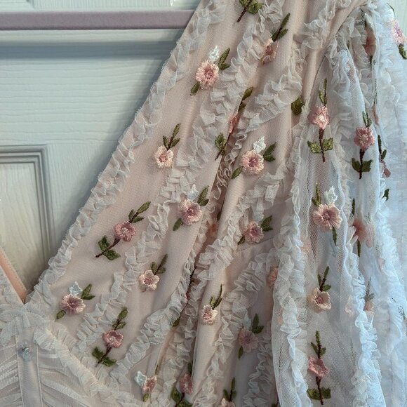 NWT Mac Duggal Floral V-Neck Ruffle Detail Empire Waist Gown Blush Multi Size 22 - Picture 3 of 3
